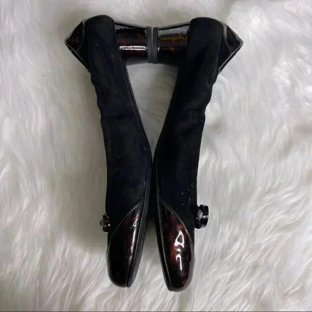 Stuart Weitzman Black Suede Ballet Flats with Brown Patent Toe - Picture 7 of 8
